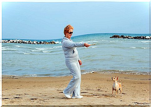 woman playing with dog on the beach